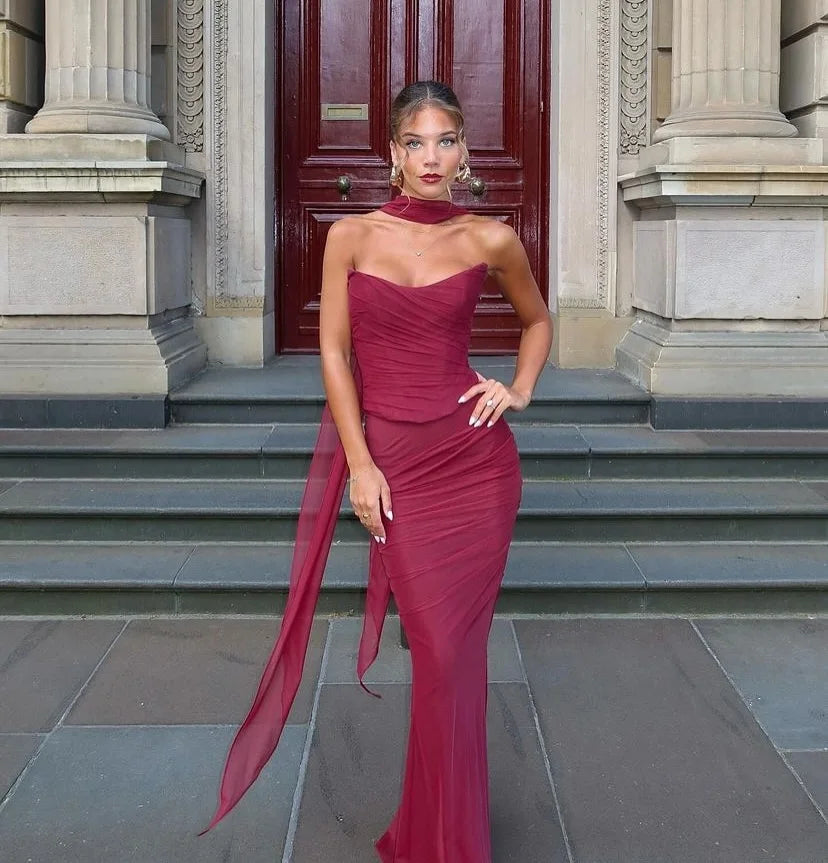 Oligai Elegant Maxi Wedding Guest Dress Set Sexy Strapless Blue Cropped Top Set Bodycon Holiday Party Dresses Women