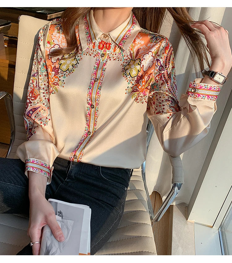 Elegant floral satin blouse, lightweight and perfect for spring & summer