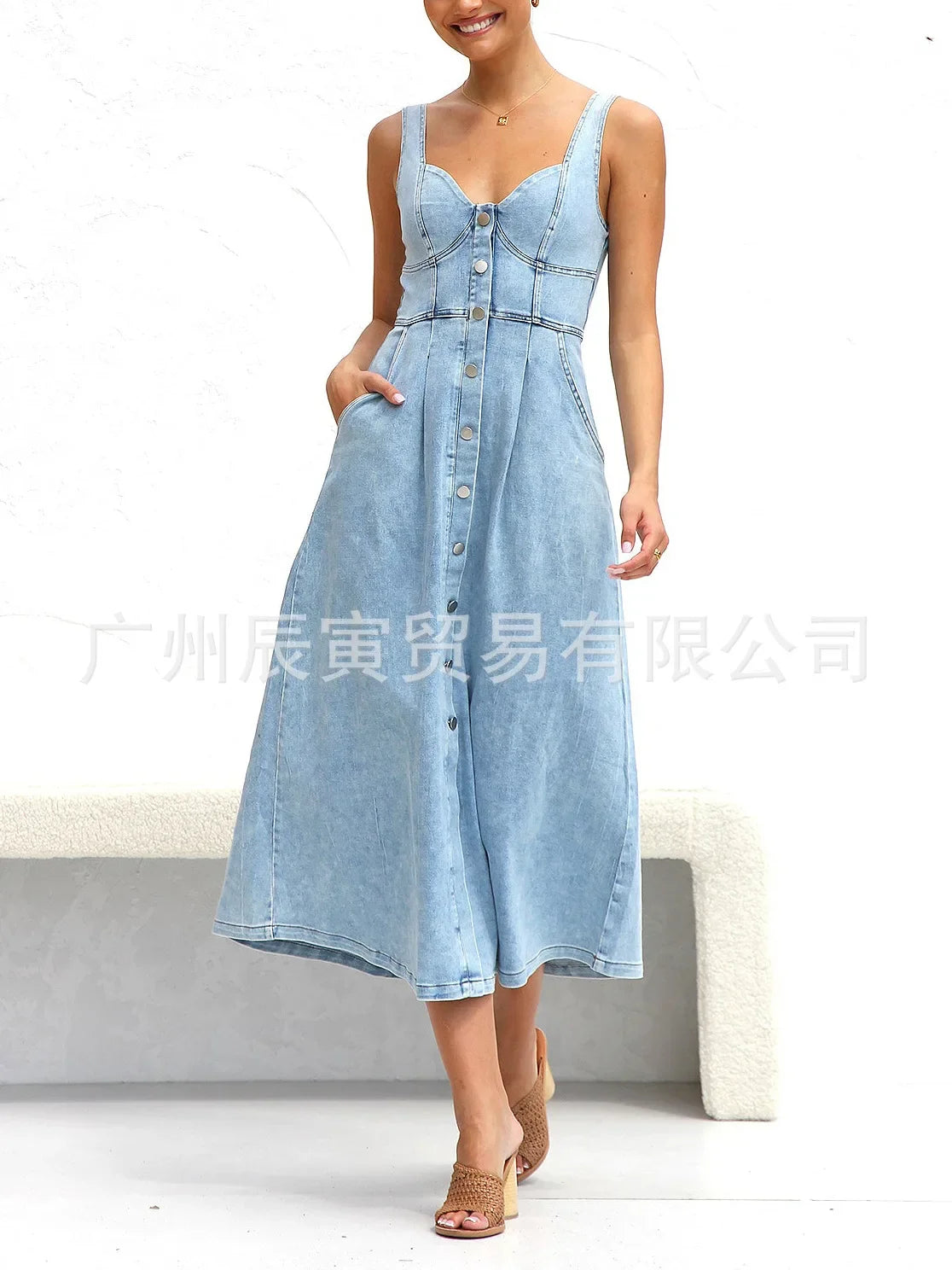 2026 Women Denim Dresses Long Dress Sling Sleeveless A Line Casual High Waist Maxi Elegant Vestidos largos Summer Y2k Streetwear