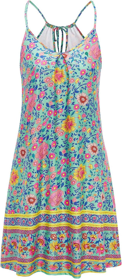 Women'S 2024 Summer Casual Beach Dresses Cover Ups Floral V Neck Spaghetti Strap Backless Mini Sun Dress