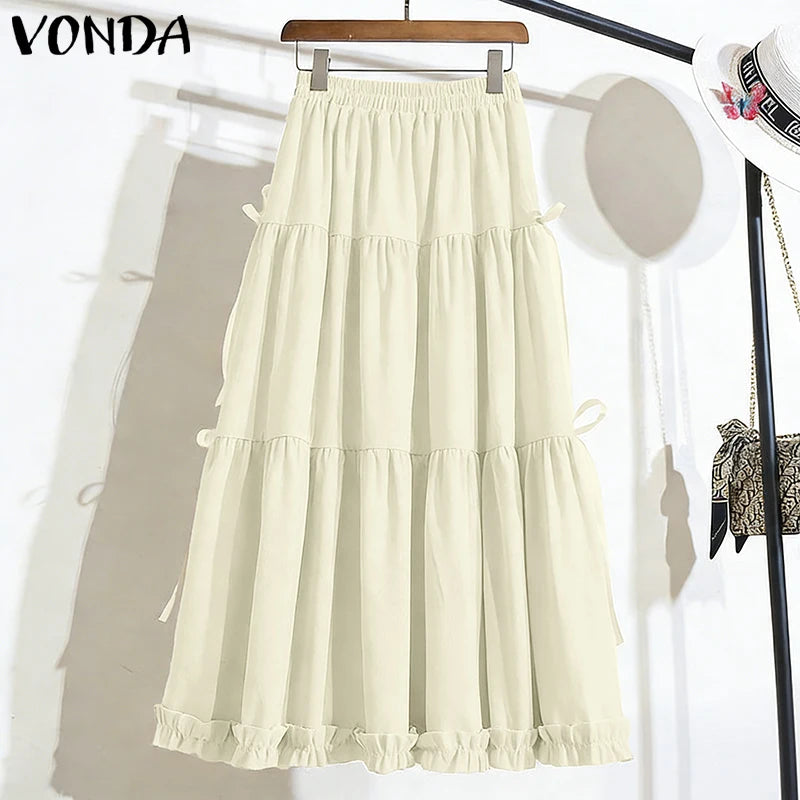 Plus Size 5XL VONDA Women Elegant Bow Ruffled Maxi Skirts Fashion High Waist Pleated Long Skirts Elastic Waist Jupes Faldas Saia