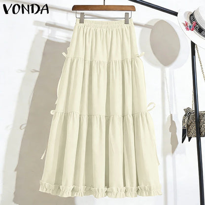Plus Size 5XL VONDA Women Elegant Bow Ruffled Maxi Skirts Fashion High Waist Pleated Long Skirts Elastic Waist Jupes Faldas Saia
