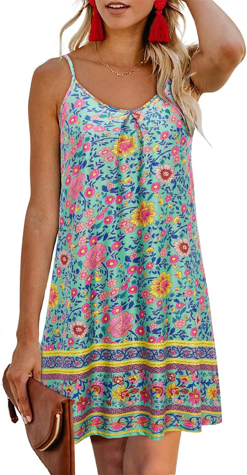 Women'S 2024 Summer Casual Beach Dresses Cover Ups Floral V Neck Spaghetti Strap Backless Mini Sun Dress