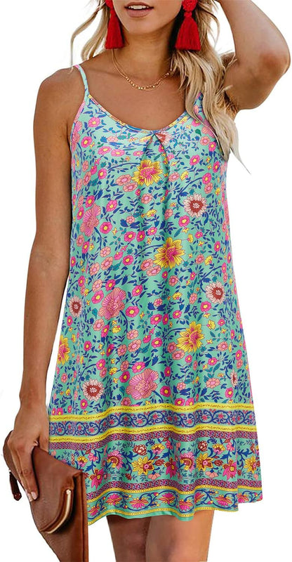 Women'S 2024 Summer Casual Beach Dresses Cover Ups Floral V Neck Spaghetti Strap Backless Mini Sun Dress