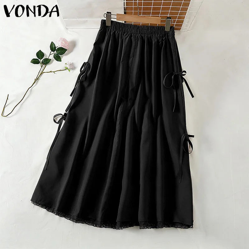 Plus Size 5XL VONDA Women Elegant Bow Ruffled Maxi Skirts Fashion High Waist Pleated Long Skirts Elastic Waist Jupes Faldas Saia