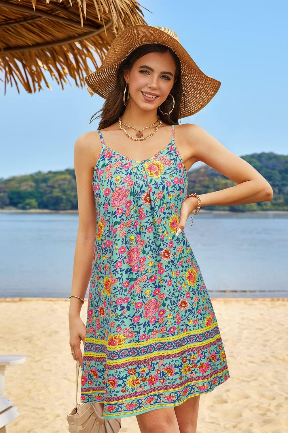 Women'S 2024 Summer Casual Beach Dresses Cover Ups Floral V Neck Spaghetti Strap Backless Mini Sun Dress