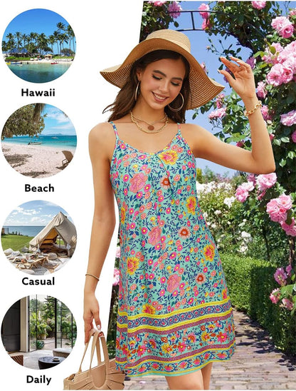 Women'S 2024 Summer Casual Beach Dresses Cover Ups Floral V Neck Spaghetti Strap Backless Mini Sun Dress