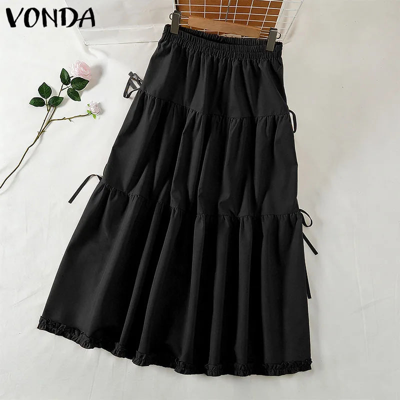 Plus Size 5XL VONDA Women Elegant Bow Ruffled Maxi Skirts Fashion High Waist Pleated Long Skirts Elastic Waist Jupes Faldas Saia