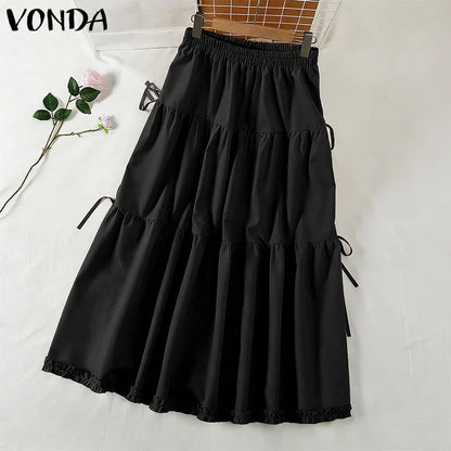 Plus Size 5XL VONDA Women Elegant Bow Ruffled Maxi Skirts Fashion High Waist Pleated Long Skirts Elastic Waist Jupes Faldas Saia