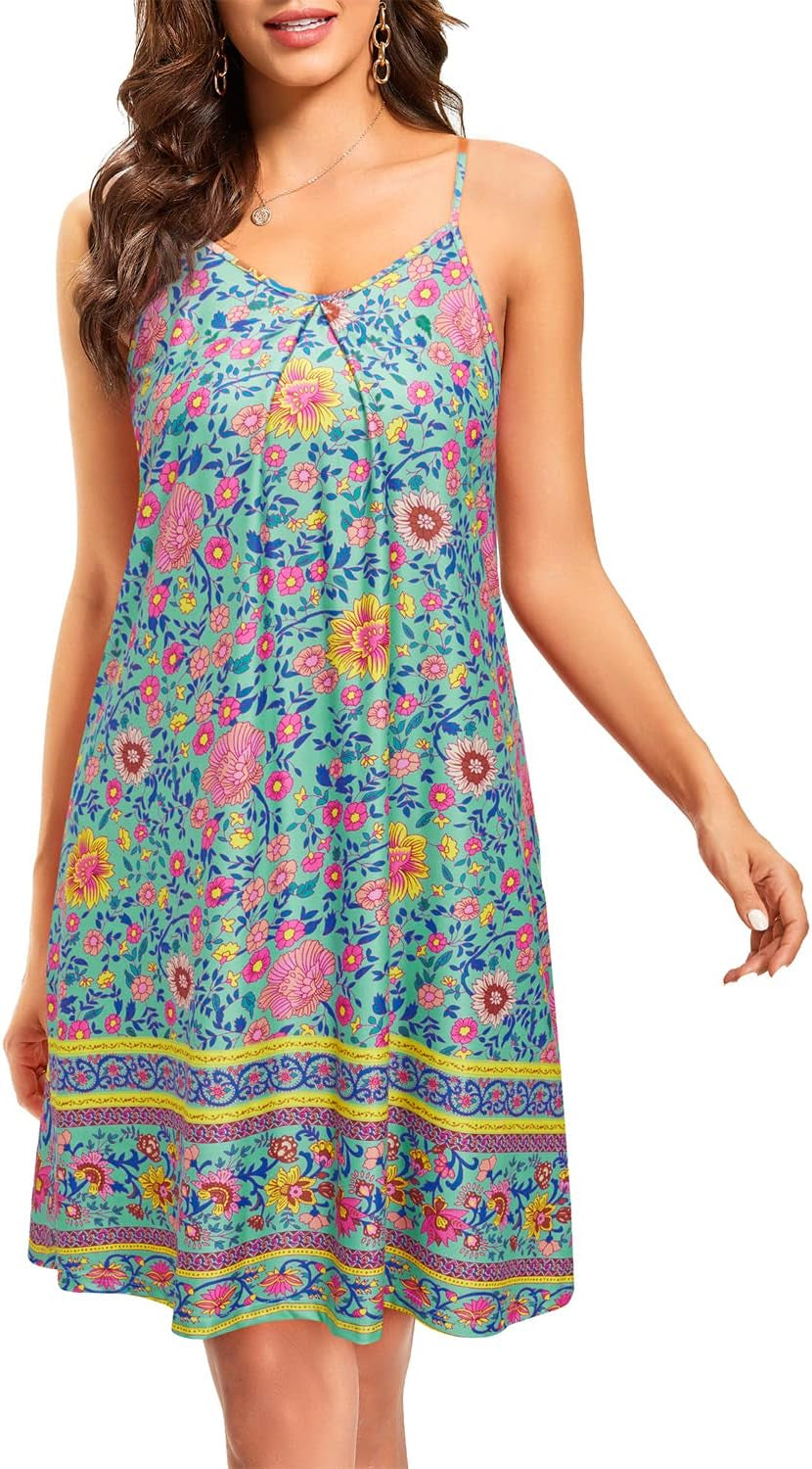 Women'S 2024 Summer Casual Beach Dresses Cover Ups Floral V Neck Spaghetti Strap Backless Mini Sun Dress