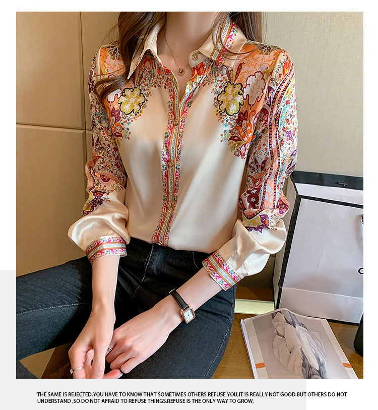 Elegant floral satin blouse, lightweight and perfect for spring & summer