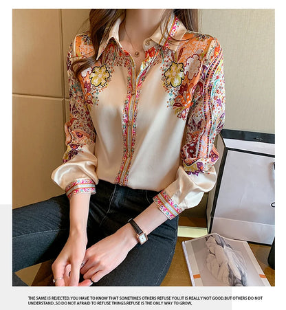 Elegant floral satin blouse, lightweight and perfect for spring & summer