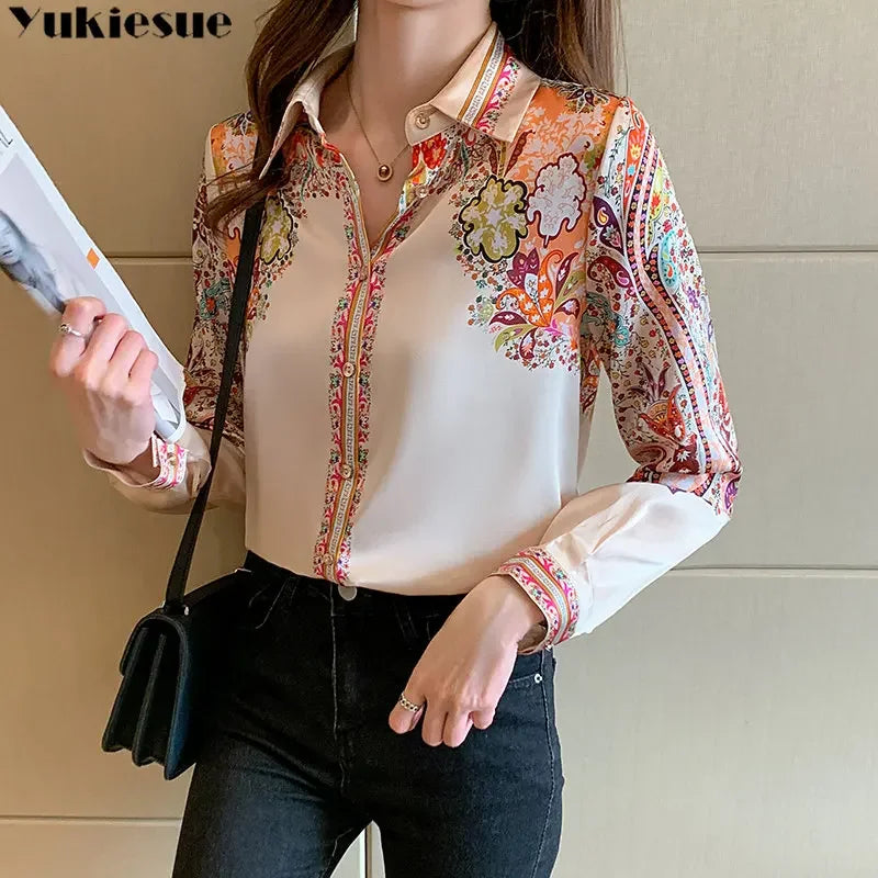 Elegant floral satin blouse, lightweight and perfect for spring & summer