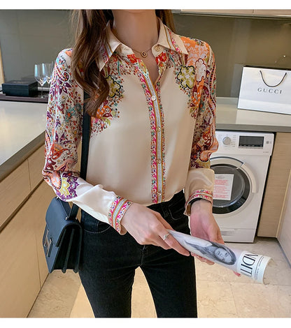 Elegant floral satin blouse, lightweight and perfect for spring & summer