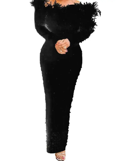 Sexy Beaded Feather Dress Long Sleeve Shoulder Bared Party Gown Floor Length Elegant Women's Dress for Autumn Season