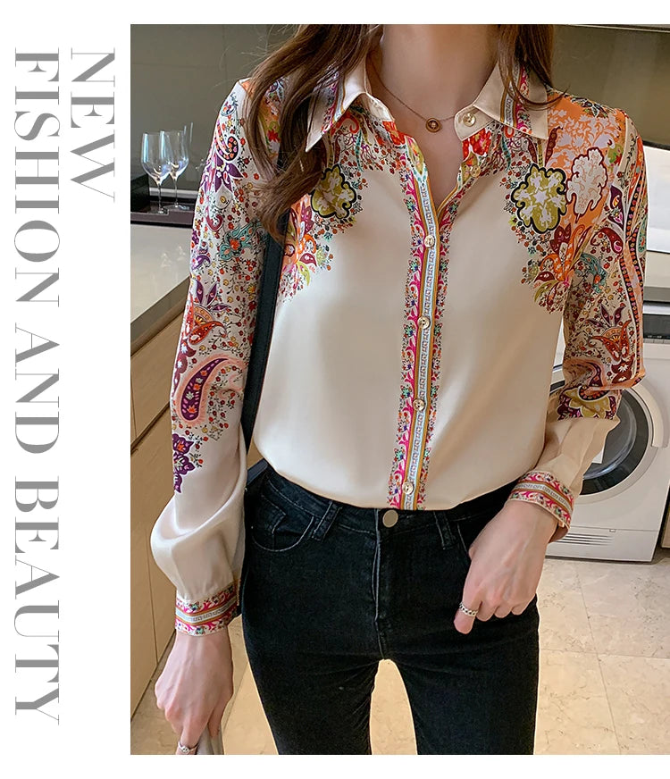 Elegant floral satin blouse, lightweight and perfect for spring & summer