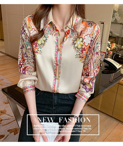 Elegant floral satin blouse, lightweight and perfect for spring & summer