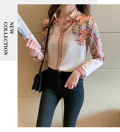 Elegant floral satin blouse, lightweight and perfect for spring & summer