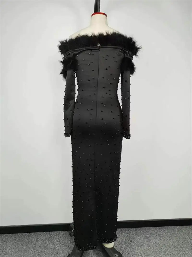 Sexy Beaded Feather Dress Long Sleeve Shoulder Bared Party Gown Floor Length Elegant Women's Dress for Autumn Season