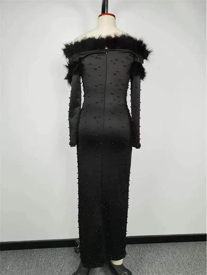Sexy Beaded Feather Dress Long Sleeve Shoulder Bared Party Gown Floor Length Elegant Women's Dress for Autumn Season