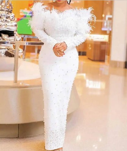 Sexy Beaded Feather Dress Long Sleeve Shoulder Bared Party Gown Floor Length Elegant Women's Dress for Autumn Season
