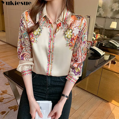 Elegant floral satin blouse, lightweight and perfect for spring & summer