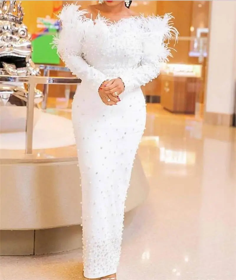 Sexy Beaded Feather Dress Long Sleeve Shoulder Bared Party Gown Floor Length Elegant Women's Dress for Autumn Season