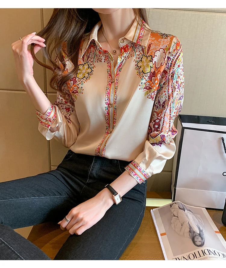 Elegant floral satin blouse, lightweight and perfect for spring & summer