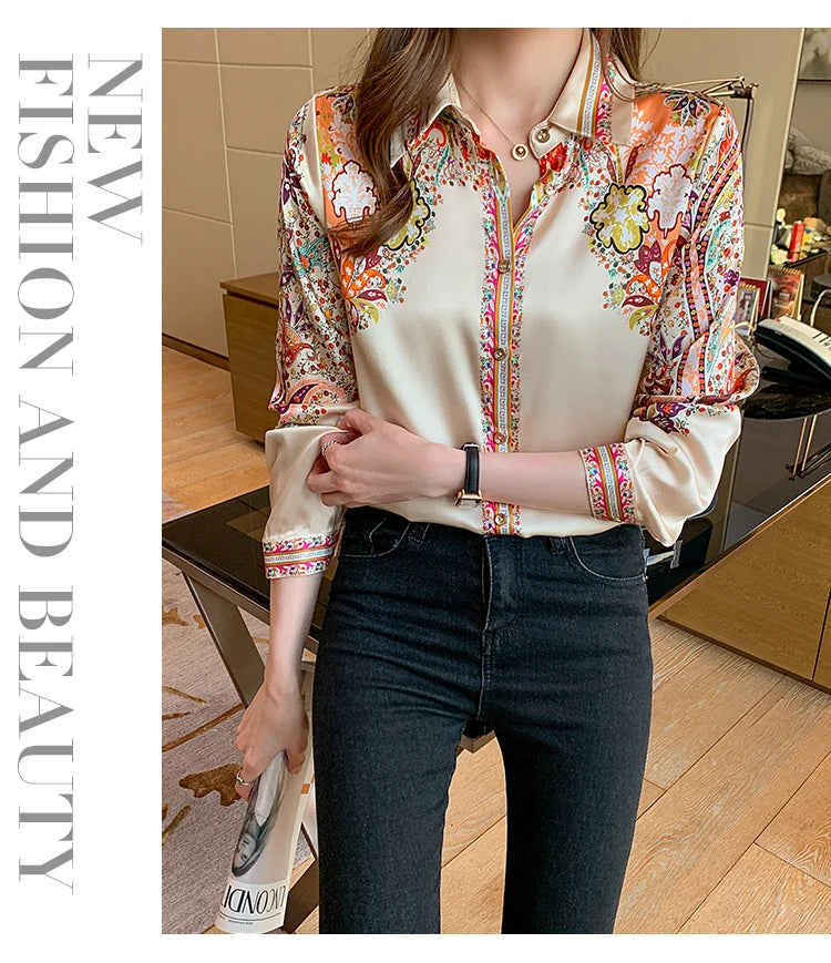 Elegant floral satin blouse, lightweight and perfect for spring & summer