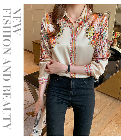 Elegant floral satin blouse, lightweight and perfect for spring & summer