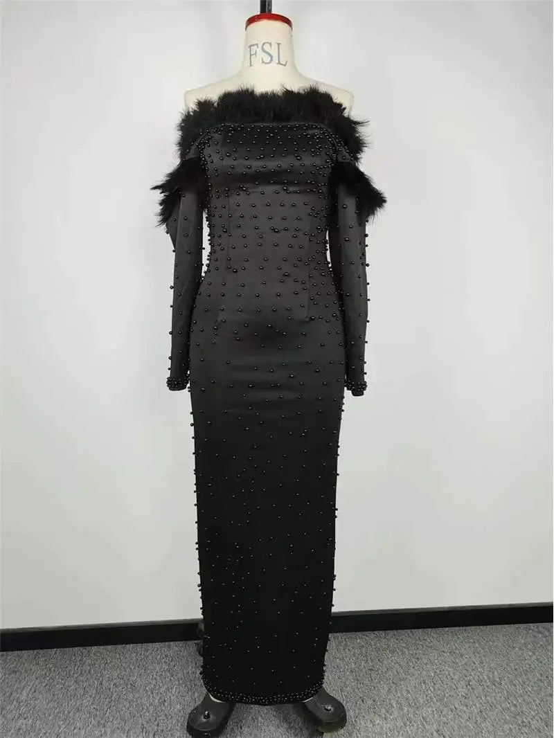 Sexy Beaded Feather Dress Long Sleeve Shoulder Bared Party Gown Floor Length Elegant Women's Dress for Autumn Season