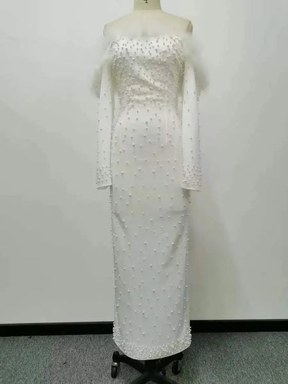 Sexy Beaded Feather Dress Long Sleeve Shoulder Bared Party Gown Floor Length Elegant Women's Dress for Autumn Season