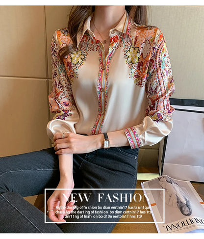Elegant floral satin blouse, lightweight and perfect for spring & summer