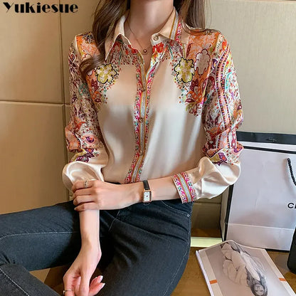 Elegant floral satin blouse, lightweight and perfect for spring & summer