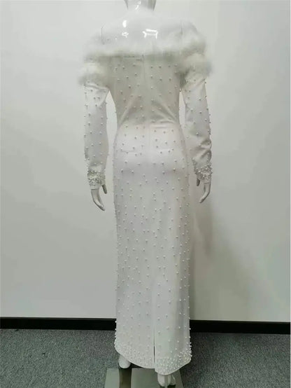 Sexy Beaded Feather Dress Long Sleeve Shoulder Bared Party Gown Floor Length Elegant Women's Dress for Autumn Season