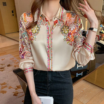 Elegant floral satin blouse, lightweight and perfect for spring & summer