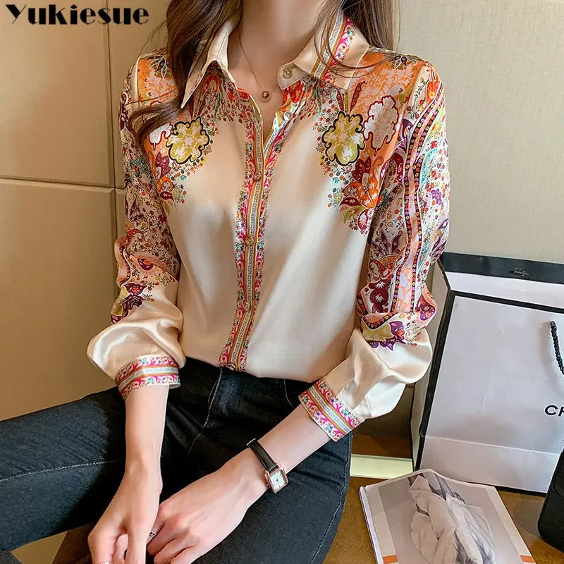 Elegant floral satin blouse, lightweight and perfect for spring & summer