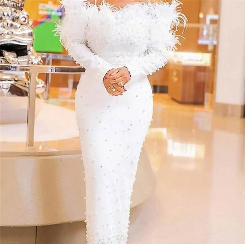 Sexy Beaded Feather Dress Long Sleeve Shoulder Bared Party Gown Floor Length Elegant Women's Dress for Autumn Season
