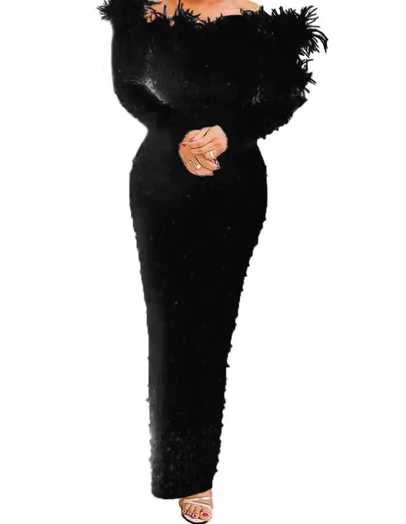 Sexy Beaded Feather Dress Long Sleeve Shoulder Bared Party Gown Floor Length Elegant Women's Dress for Autumn Season