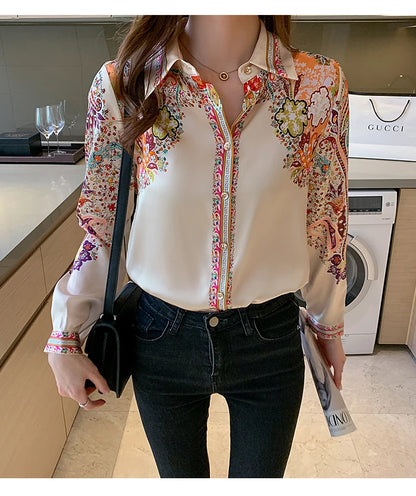 Elegant floral satin blouse, lightweight and perfect for spring & summer