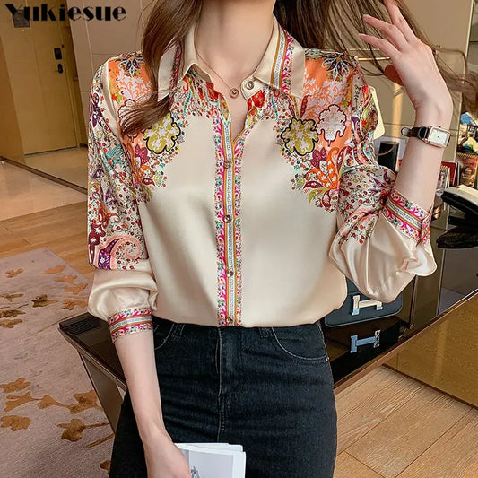 Elegant floral satin blouse, lightweight and perfect for spring & summer