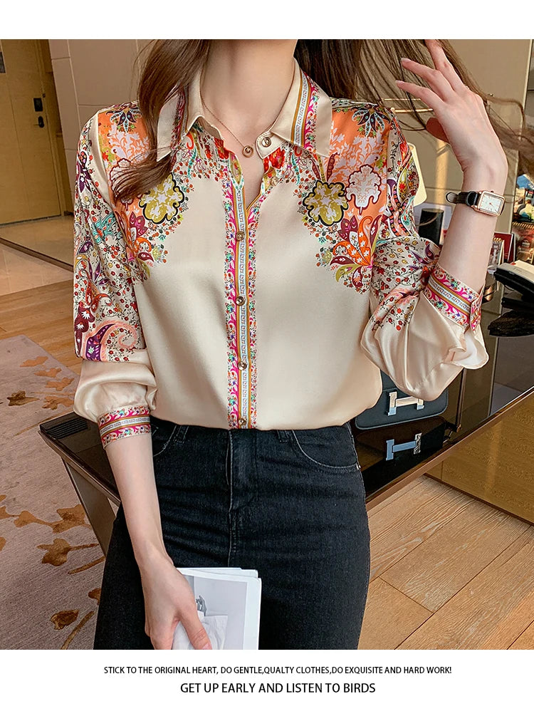 Elegant floral satin blouse, lightweight and perfect for spring & summer
