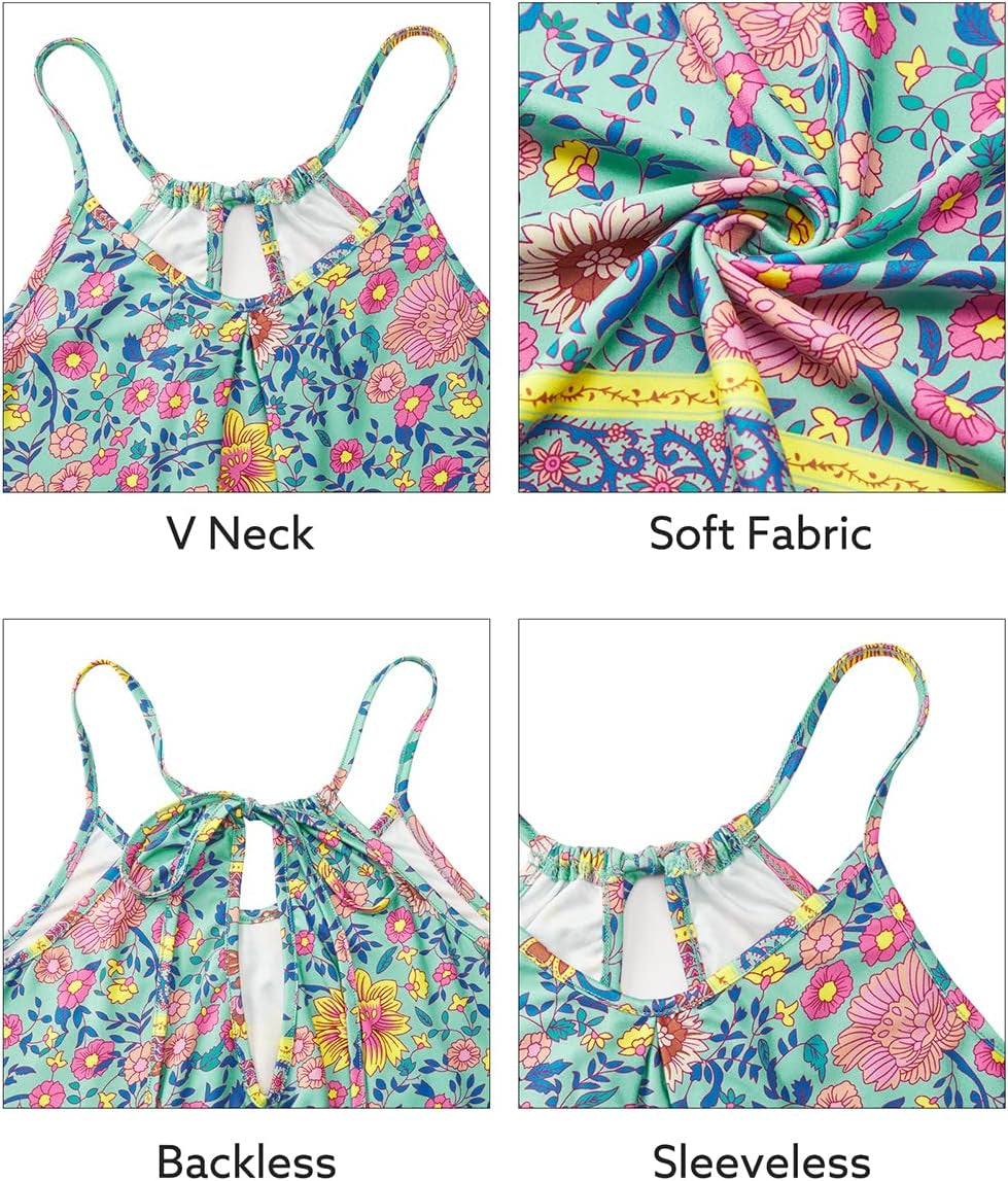 Women'S 2024 Summer Casual Beach Dresses Cover Ups Floral V Neck Spaghetti Strap Backless Mini Sun Dress