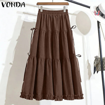 Plus Size 5XL VONDA Women Elegant Bow Ruffled Maxi Skirts Fashion High Waist Pleated Long Skirts Elastic Waist Jupes Faldas Saia