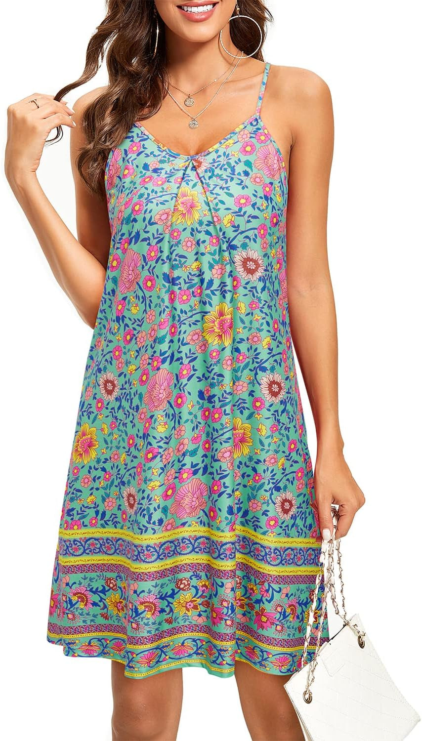 Women'S 2024 Summer Casual Beach Dresses Cover Ups Floral V Neck Spaghetti Strap Backless Mini Sun Dress