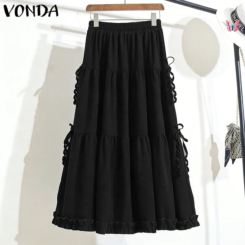 Plus Size 5XL VONDA Women Elegant Bow Ruffled Maxi Skirts Fashion High Waist Pleated Long Skirts Elastic Waist Jupes Faldas Saia
