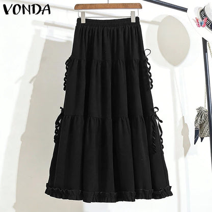 Plus Size 5XL VONDA Women Elegant Bow Ruffled Maxi Skirts Fashion High Waist Pleated Long Skirts Elastic Waist Jupes Faldas Saia